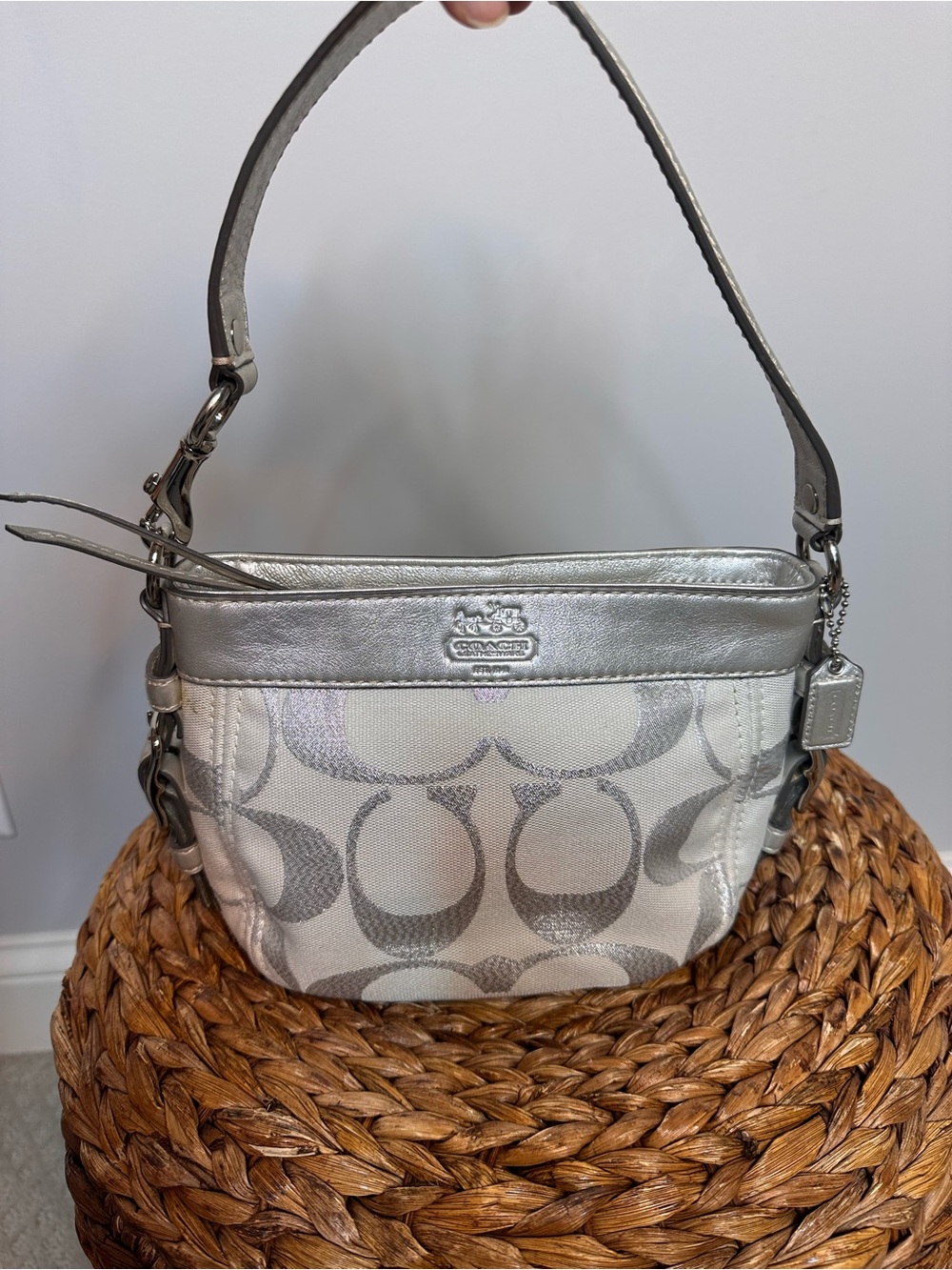 Coach Zoe hobo bag monogram print silver white leather Y2K